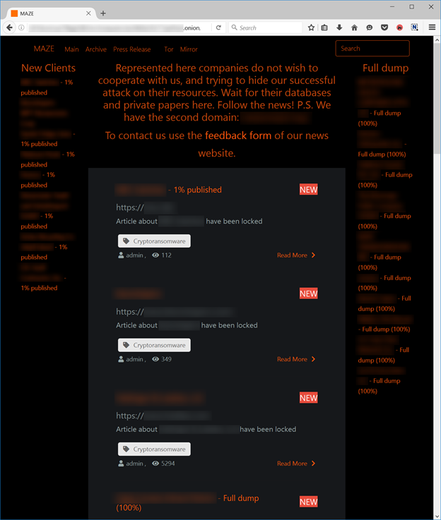 Уебсайт с изтекли данни на жертвите, публикувани от злонамерените лица зад Maze